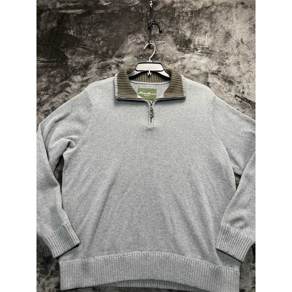 Eddie Bauer Men's XL Cotton Quarter Zip Pullover Gray Rib Knit Sweater